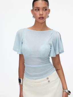 Cider - Sheer Women's Ruched Boat Neck Cape Sleeve Top Blue