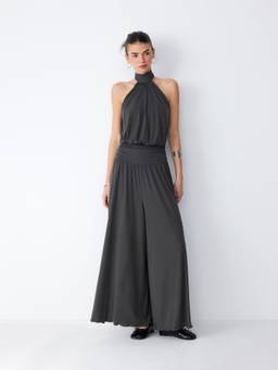 Cider - Ruched Tie-Back Women's Halter Neck Wide-Leg Jumpsuit Dark Grey