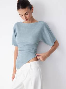 Cider - Textured Women’s Ruched Asymmetrical Hem Tee Blue