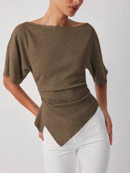 Cider - Textured Women’s Ruched Asymmetrical Hem Tee Brown