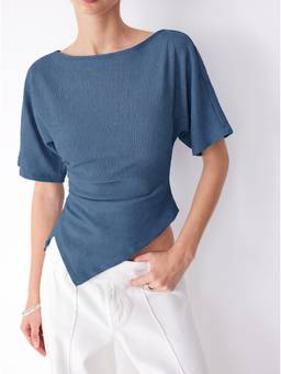 Cider - Textured Women Ruched Asymmetrical Hem Tee Indigo