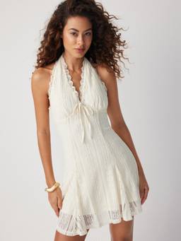 Cider - Lace Halter Women Bowknot A-Line Mini Dress White