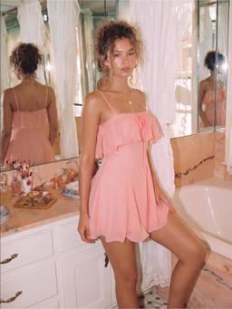 Cider - Chiffon Lace Trim Women's Tie-Front Ruffle Hem Mini Dress Pink