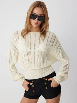 Cider - Knit Fabric Women Crochet Shirred Boat Neck Top Cream