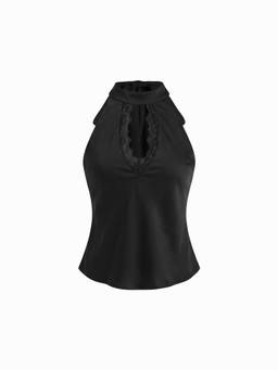 Cider - Satin Lace Panel Women's Halter Neck Crop Top Black