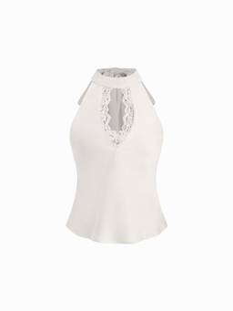 Cider - Satin Women's Lace Cut-Out Halter Blouse Cream