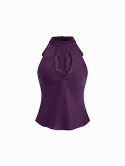 Cider - Satin Women's Halter Neck Lace Panel Backless Crop Top Purple