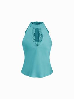 Cider - Satin Women's Lace Panel Halter Backless Cami Blouse Teal