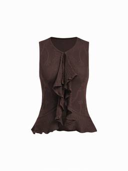 Cider - Knit Pointelle Women Ruffled Sleeveless Tank Top Chocolate
