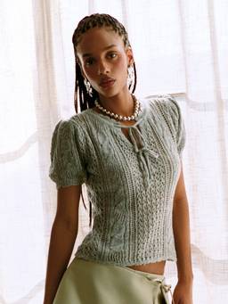 Cider - Knit Pointelle Women Tie-Up Puff Sleeve Top Grey