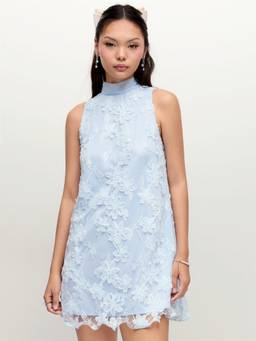 Cider - Floral Lace Women Bow Back High Neck A-Line Mini Dress Sky Blue