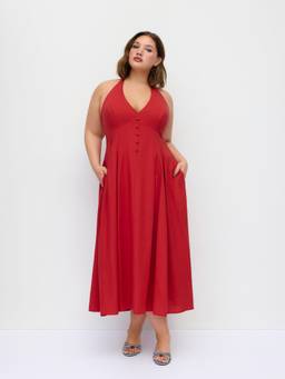 Cider - Linen Blend Women's V-Neck Halter Flared Maxi Dress Red