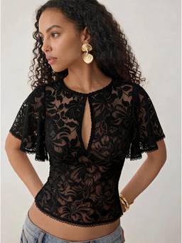 Cider - Lace Floral Women Keyhole Neck Bell Sleeve Crop Top Black