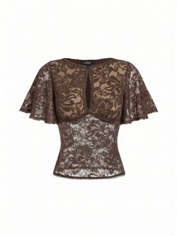Cider - Lace Floral Women Cut-Out Bell Sleeve Crop Top Coffee