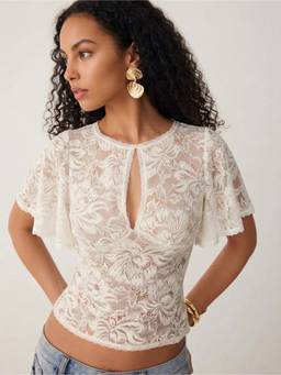 Cider - Lace Floral Women Keyhole Neck Bell Sleeve Crop Top Cream
