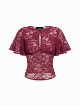 Cider - Lace Floral Women Cut-Out Bell Sleeve Crop Top Wine