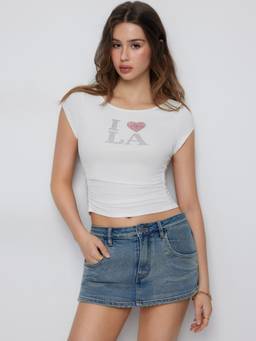 Cider - I Love LA Women's Rhinestone Ruched Short Sleeve Crop Top White