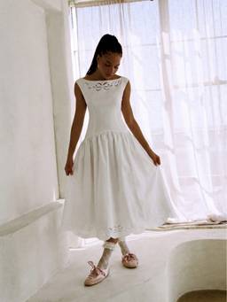 Cider - Cotton Blend Women’s Broderie Lace-Up Flared Maxi Dress White