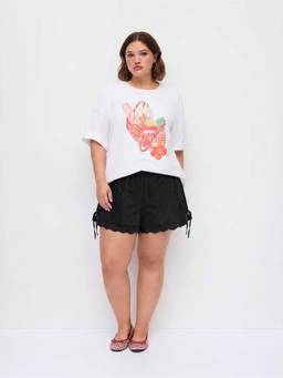 Cider - Cotton Blend Women's Mid-Waist Tie-Up Embroidered Shorts Black