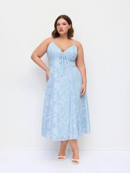 Cider - Floral Jacquard Women’s V-Neck Bow Shirred Maxi Slip Dress Blue