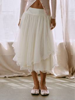 Cider - Mesh Women's Mid-Rise Ruffle Hem Layered Flared Midi Skirt Cream