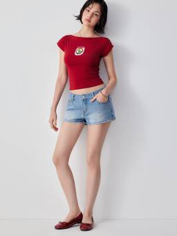 Cider - Denim Women's Low Rise Strawberry Graphic Micro Shorts Mid Blue