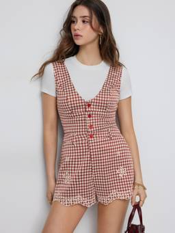 Cider - Jacquard Gingham Women’s V-Neck Embroidered Playsuit Red