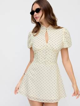 Cider - Chiffon Polka Dot Women's Puff Sleeve A-Line Mini Dress Beige