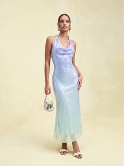 Cider - Ombre Sequin Women's Halter Neck Mermaid Maxi Dress Blue