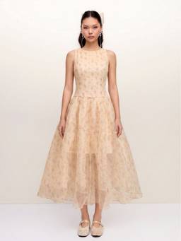 Cider - Chiffon Floral Women's Boat Neck Flared Maxi Dress Yellow