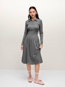 Cider - High Stretch Women's Ruched Polo Neck Midi Dress Grey