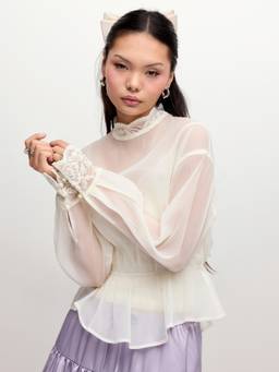 Cider - Chiffon Women's Lace Panel Stand Collar Blouse Cream