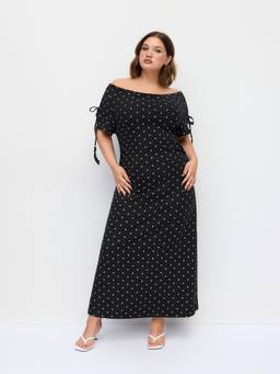 Cider - Knit Fabric Women Off-Shoulder Polka Dots Maxi Dress Black