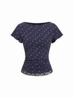 Cider - Textured Floral Women’s Boat Neck Ruffle Sleeve Tee Navy Blue