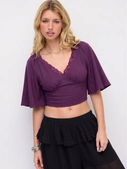 Cider - Linen Blend Women Lace Trim V-Neck Crop Blouse Purple