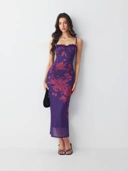 Cider - Mesh Floral Women's Lace Trim V-Neck Maxi Dress Purple