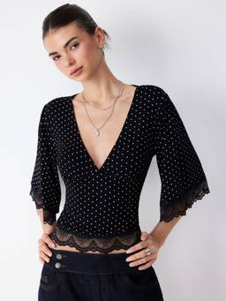 Cider - Polka Dot Women V-Neck Bell Sleeve Lace Trim Top Black