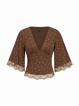 Cider - Polka Dot Women's V-Neck Bell Sleeve Lace Trim Top Brown