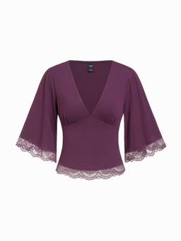 Cider - Polka Dot Women's V-Neck Bell Sleeve Lace Trim Top Purple
