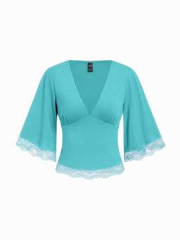 Cider - Polka Dot Women V-Neck Bell Sleeve Lace Trim Top Teal