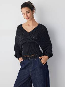 Cider - Knit Women's Wool Blend V-Neck Surplice Sweater Black