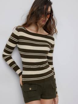 Cider - Knit Stripe Women's Boat Neck Tie-Up Back Top Brown