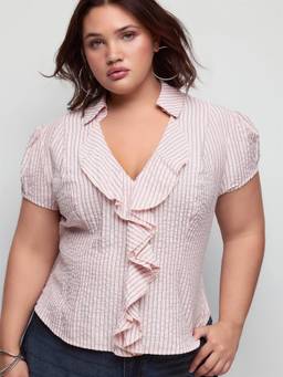 Cider - Cotton Blend Women's Striped Ruffled Short Sleeve Blouse Pink