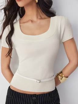 Cider - Knit Wool-blend Women Belted Square Neck Puff Sleeve Top White