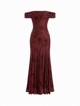 Cider - Embroidered Floral Women Off-Shoulder Ruched Mermaid Maxi Dress Wine