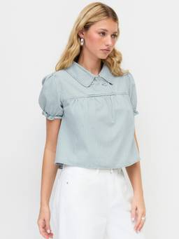 Cider - Washed Denim Women's Micro Pinstripe Puff Sleeve Oversized Blouse Blue