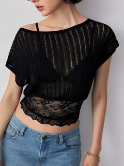 Cider - Knit Women's Lace Panel Asymmetrical Neck Top Black