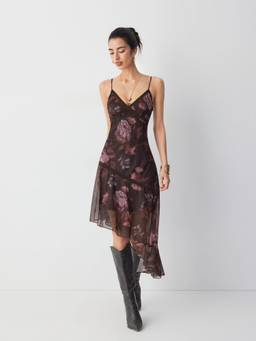 Cider - Mesh Floral Women Lace Trim V-Neck Midi Dress Coffee