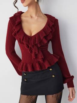 Cider - Knit Women's V-Neck Ruffled Peplum Hem Sweater Wine