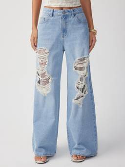 Cider - Denim Women's Mid-Rise Lace Cut-Out Wide-Leg Jeans Blue